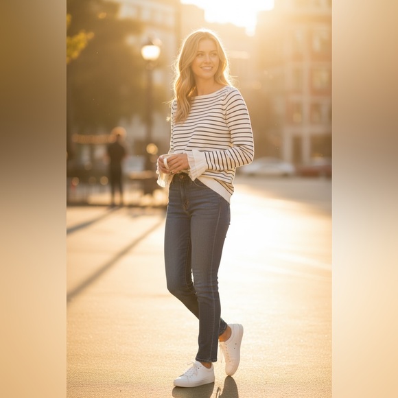 LOFT Ruffled Cuff Striped Sweater - Picture 1 of 7